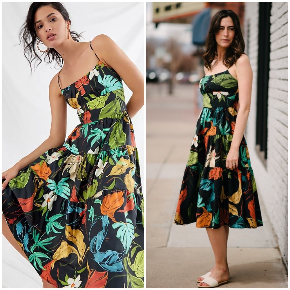 RARE NWT ANTHROPOLOGIE DELFI BOTANICAL PALMS TIERED MIDI DRESS - Picture 4 of 9